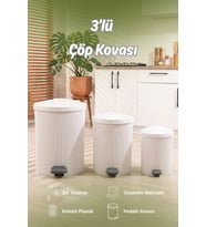 0709-1 Stil 3lü Yuvarlak Pedallı İçi Kovalı Çöp Kovası Seti - Banyo Mutfak
