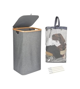 Mien Bambu Kenarlı Kumaş Katlanabilir 100 Lt Çamaşır Sepeti 44x33x70