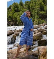 Yg Home Pamuk Unisex Kapüşonlu Peştamal Bornoz - Carla (Mavi)