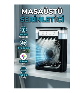 Püskürtmeli Masaüstü Serinletici Fan 600 ml – 3 Kademe, Zamanlayıcı, 7 Renk Işık, Type-C