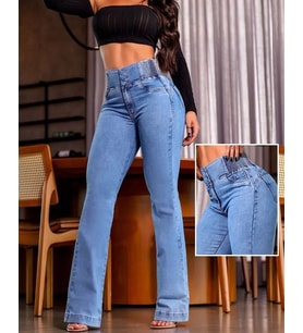 Kadın Yüksek Bel Yanları Lastik önü Düğmeli Kot Pantolon
