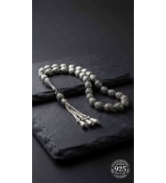 925 Ayar Oval Kesim 3 Kamçılı Püskül Orta Boy Lale Desenli Otantik Gümüş Tesbih (Gümüş-Siyah)
