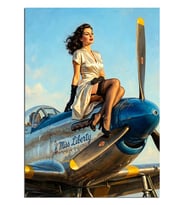 Mavi Uçak Üzerinde Pin-Up Kadın Dekoratif Kanvas - Mdf Ahşap Tablo