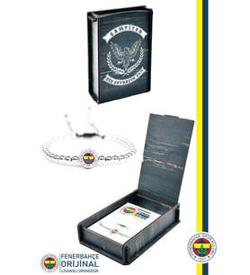 Fenerbahçe Orijinal Lisanslı Fb Logo İnce Hematit Doğaltaş Bileklik Hediyelik Ahşap Kutul (Beyaz-Gri)