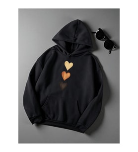 Unisex Sirali Kalp Baskılı Oversize Sweatshirt (Siyah)