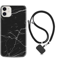 Apple iPhone 11 12 13 Mini Kılıf Boyun Askılı Silikon Siyah Mermer 1299
