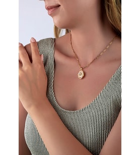 İnce Ataş Zincirli Gold Pembe Sedefli ve İncili Kapaklı Fotoğraf Kolyesi