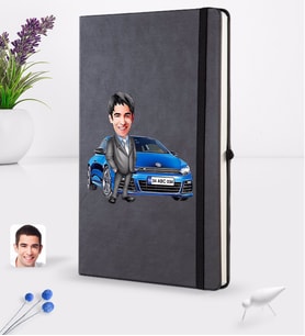 BK Gift Kişiye Özel Plakalı Erkek Volkswagen Scirocco Karikatürlü Siyah Termo Deri Defter 16x24cm Model 1