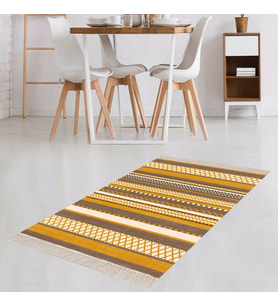 Kilim Desenli Etnik Dijital Baskı Yıkanabilir Kaymaz Taban Eskitme Salon Halı ve Yolluk (Hardal)