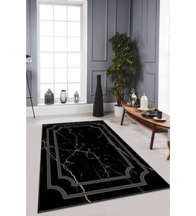 Siyah Gold Çerçeveli Kaymaz Tabanlı Dekoratif Halı RV064 - 100 x 160 cm