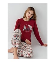 Arnetta %100 Pamuk Sıfır Yaka Ekose Bayan Pijama Takım (Bordo)