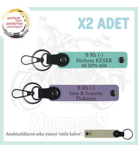 Motosiklet Aşıkları İçin, İsim Plaka ve B Rh (-) Kan Grubu, Acil Durum x2 Anahtarlık, Mor-Turkuaz-SK (Çok Renkli)