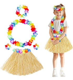 Northcity Yetişkin Çocuk Hawaii Parti Seti - 40 cm Naturel Etek + Çiçek Aksesuarlar (5 Parça)