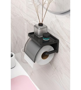 Yapışkanlı Kapaklı Tuvalet Kağıdı Askısı Banyo Tuvalet Kağıtlığı Aparatı Peçetelik Organizer Plastik, Siyah