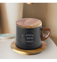 Ahşap Altlıklı Çelik Termos Bardak 250 ml Kapasiteli Annelere Özel Kazıma Desenli Termos-best Mom (Siyah-Siyah)