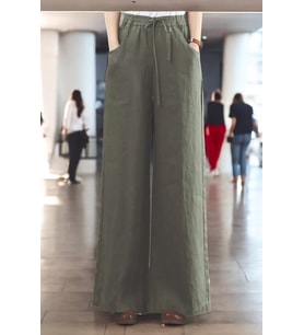 Yazlık Beli Lastikli Tasarım Keten Pantolon (Haki)
