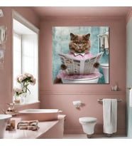 Tekli Kare Kanvas Banyo Tablosu Gazete Okuyan British Shorthair Kedi