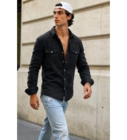 Erkek Slim Fit Siyah Kot Gömlek Çıtçıt Düğmeli Uzun Kollu Denim Gömlek