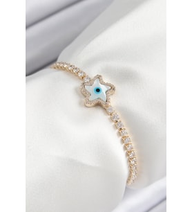 Pirinç Zirkon Taşlı Nazar Yıldız Model Gold Renk Asansörlü Kadın Bileklik - TJ-BB7470