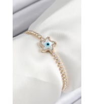 Pirinç Zirkon Taşlı Nazar Yıldız Model Gold Renk Asansörlü Kadın Bileklik - TJ-BB7470