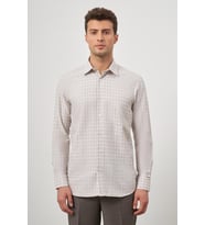 Açık Bej Uzun Kol Kareli Desen Cepli Pamuklu Classic Comfort Fit Gömlek 1004245162