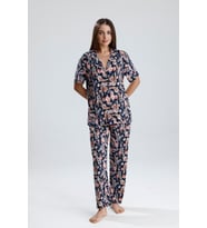 Kadın Düğmeli  Şal Desen Kısa Kollu Pijama Takım