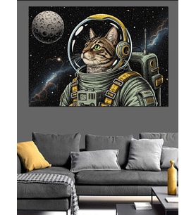 Uzay Kıyafetli Astronot Kedi Tablosu Dekoratif Kanvas - Mdf Ahşap Tablo