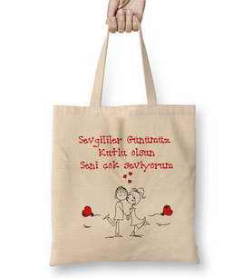 Sevgililer Günü Sevgiliye Hediye 0250 Bez Çanta Uzun Saplı
