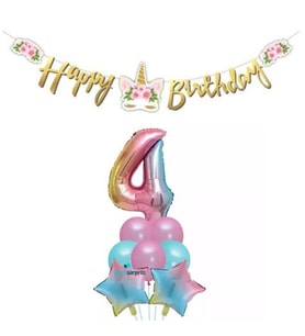 Çiçekli Unicorn 4 Yaş Gökkuşağı Balon Set
