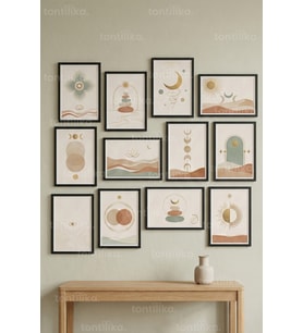 12 Parça Boho Güneş Ay 2 Renk Seçenekli Dekoratif Çerçeve Görünümlü Tablo Seti