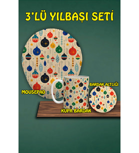 Yılbaşı Temalı 3'lü Bilek Destekli Mousepad Kupa Ve Bardak Altlığı Seti