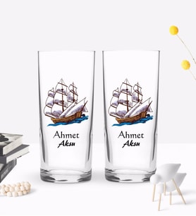 BK Gift Kişiye Özel Renkli Baskılı Gemi Tasarımlı İkili Rakı Bardağı Seti-2