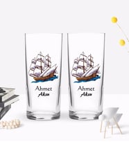 BK Gift Kişiye Özel Renkli Baskılı Gemi Tasarımlı İkili Rakı Bardağı Seti-2