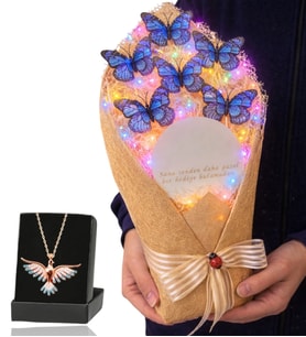 Renkli Led Işıklı Aynalı Kelebek Buketi ve Renkli Zümrüdü Anka Kuşu Kolye (Mavi)
