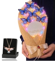Renkli Led Işıklı Aynalı Kelebek Buketi ve Renkli Zümrüdü Anka Kuşu Kolye (Mavi)