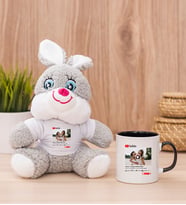 Kişiye Özel Youtube Tasarım Fotoğraflı Peluş Tavşan ve Siyah Kupa