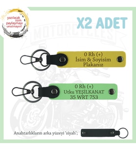 Bikerlar İçin Özel İsim Plaka ve 0 Rh (+) Kan Grubu Yazılı Hediyelik x2 Anahtarlık, Sarı-F Yeşil-Syh (Çok Renkli)