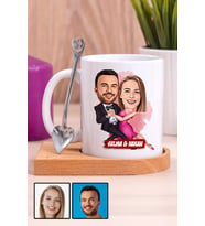 Romantik Sevgililer Günü Hediyesi Karikatürlü Ahşap Altlıklı Beyaz Kupa Bardak