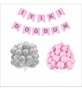 PEMBE-GÜMÜŞ MINI BALON+BANNER SETİ