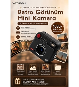 Nostaljik Tasarımı Retro Görünüm Kare Mini Foto Video Kamera 1080P Full HD 32GB Kart Hediyeli