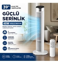 39 İnç Kule Tipi Vantilatör, Uzaktan Kumandalı, 45W Güçlü Motor, 3 Hız Kademesi, 3 Modlu, LED Dokunmatik Ekran, Salınımlı, Sessiz Çalışma, 7.5 Saat Zamanlayıcı, Beyaz
