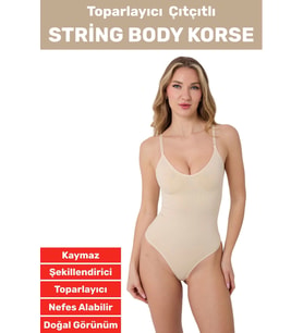 Özel Üretim İz İç Göstermez Kaymaz Sıkılaştırıcı Toparlayıcı Çıtçıtlı String Body Korse (Bej)