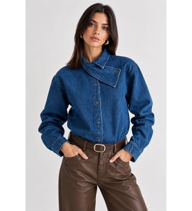 Kadın Asimetrik Yaka Çapraz Düğmeli Oversize Denim Ceket Gömlek - Açık Mavi