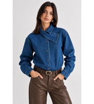 Kadın Asimetrik Yaka Çapraz Düğmeli Oversize Denim Ceket Gömlek - Açık Mavi