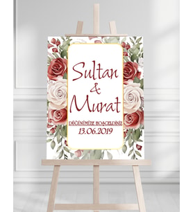 Söz Nişan Düğün İçin 50x70 Karşılama Panosu - Çiçek Desenli
