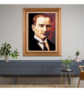 Altın Varaklı Çerçeveli Paspartulu Atatürk Tablo z4542 (Gold)
