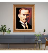 Altın Varaklı Çerçeveli Paspartulu Atatürk Tablo z4542 (Gold)
