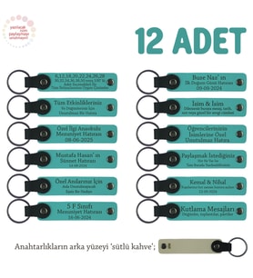Babalar Günü Hediyesi, Kişiye Özel İsim Yazılı Anahtarlık 12' li Set, Koyu Turkuaz & Sütlü Kahve