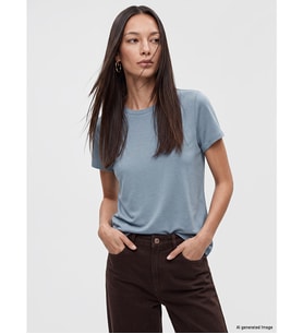 LCW EVERYDAY Mavi Bisiklet Yaka Soft Touch Kadın Tişört