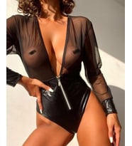 Kadın Lateks Deri Parlak Kumaş Detaylı Fermuarlı Tül Bodysuit - 3248 (STD)